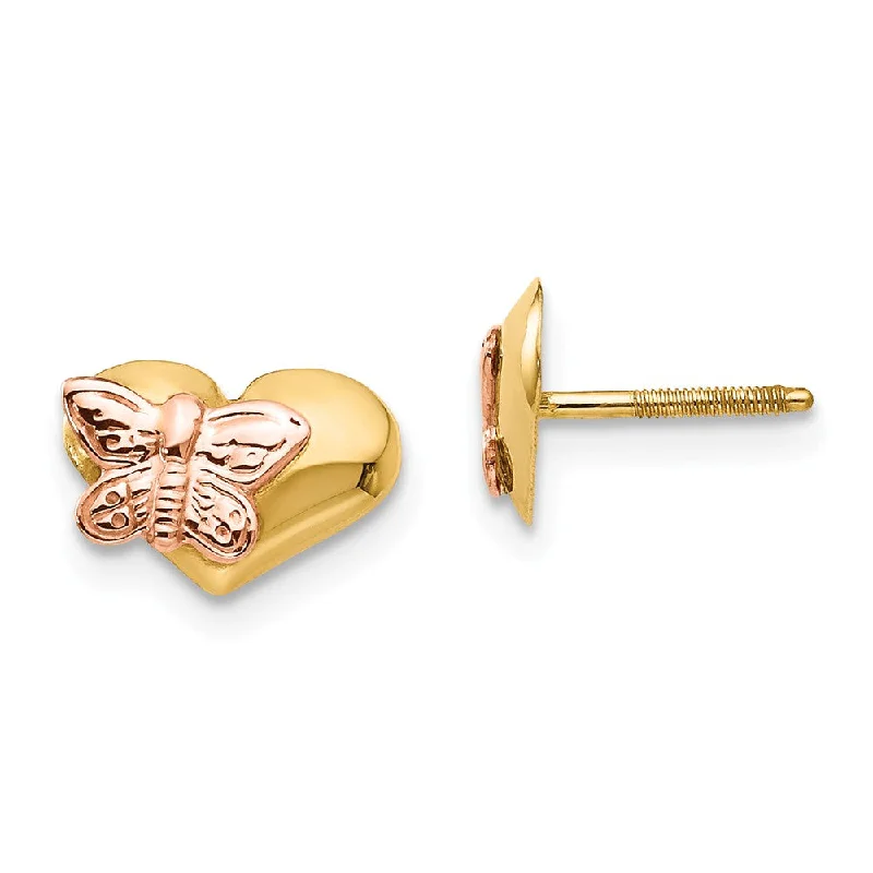 Artisan Silver Earrings-Kids 14k Yellow Gold Heart & Pink Rhodium Butterfly ScrewBack Earrings