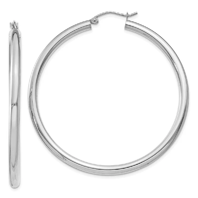 Double Hoop Earrings-3mm, 14k White Gold Classic Round Hoop Earrings, 50mm (1 7/8 Inch)