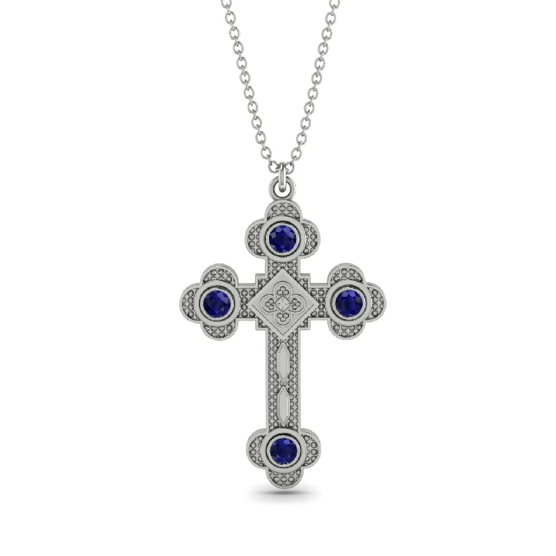 Silver Heart Necklace-Ornamented Orthodox Cross Sapphire Necklace - Caden No. 15