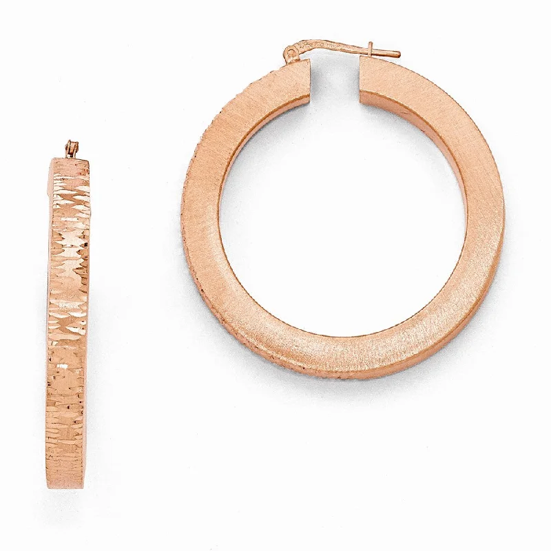 Double Drop Earrings-Rose Gold Tone Plated Silver Brushed & Diamond Cut Round Hoops, 4x45mm