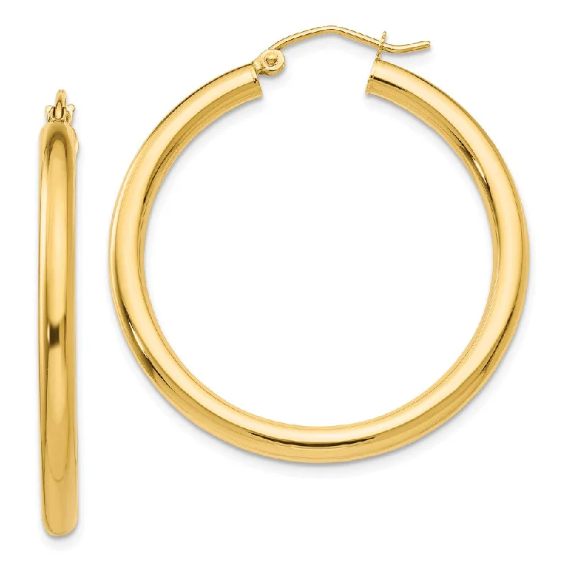 Bridal Wedding Earrings-3mm, 14k Yellow Gold Classic Round Hoop Earrings, 35mm (1 3/8 Inch)