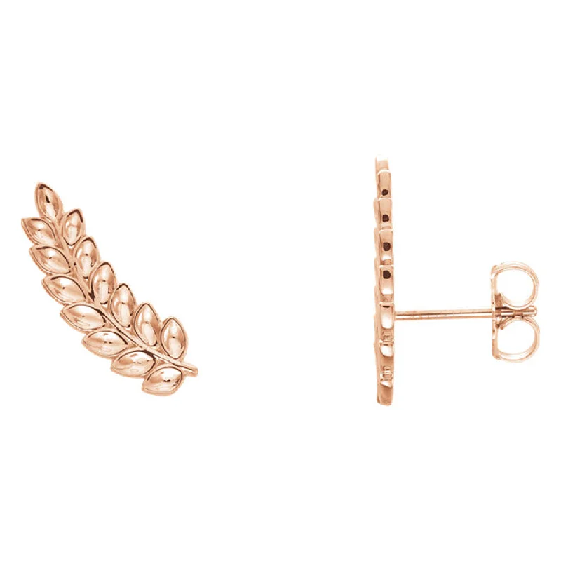 Trendy Pearl Earrings-5.7mm x 16mm (5/8 Inch) 14k Rose Gold Petite Leaf Ear Climbers