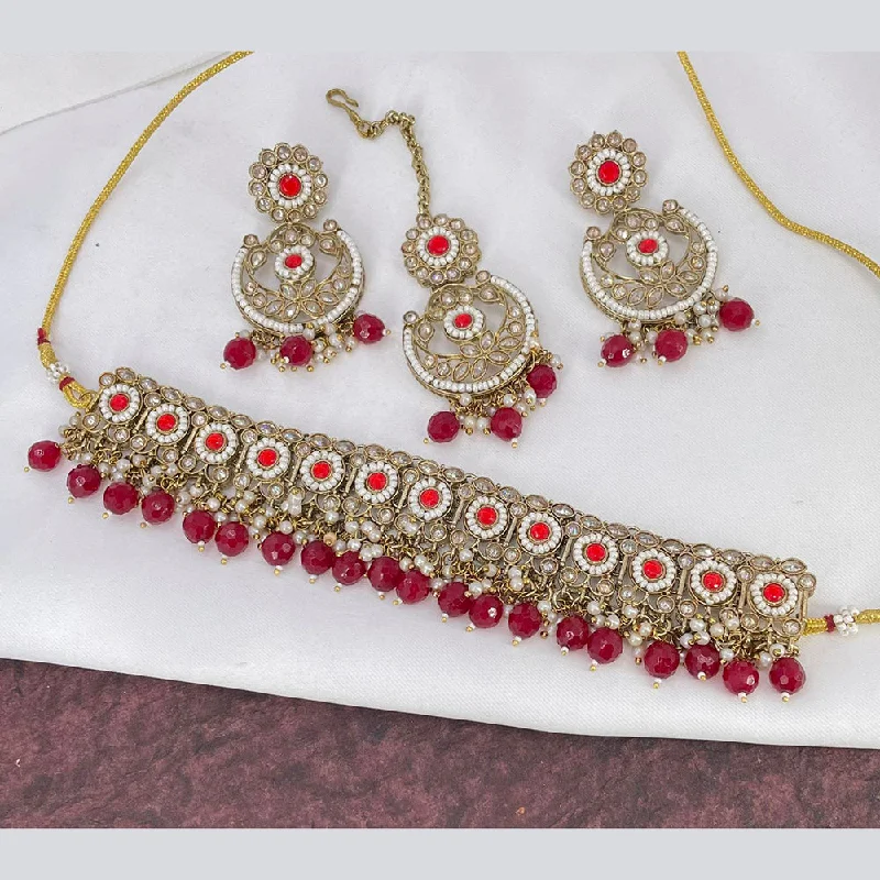 Classic Silver Necklace-India Art Gold Plated Crystal Stone & Beads Choker Necklace Set