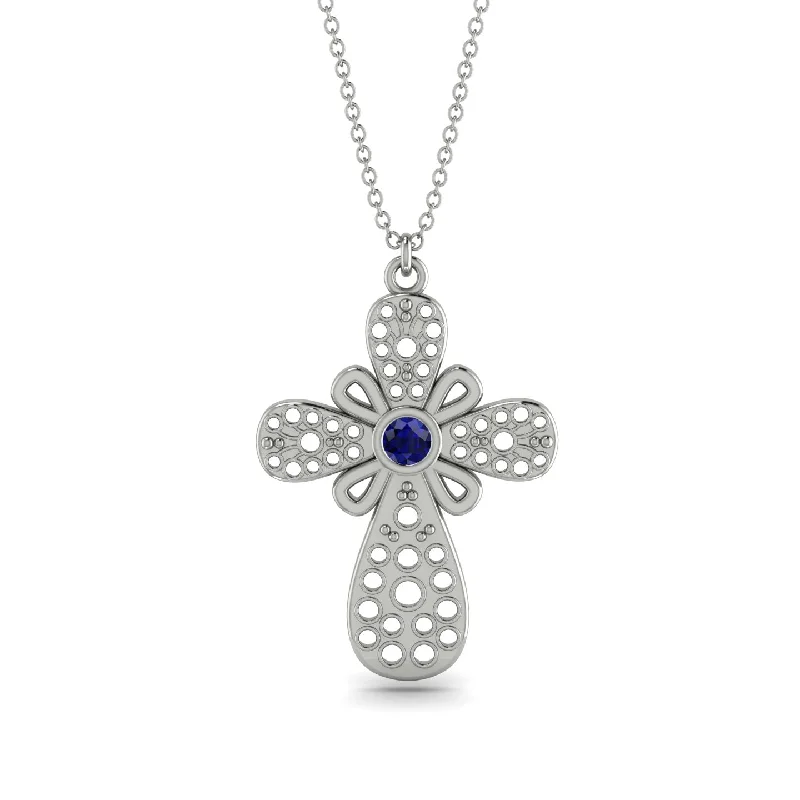 Gold Bead Necklace-Unique Glam Sapphire Cross Necklace - Leo No. 15