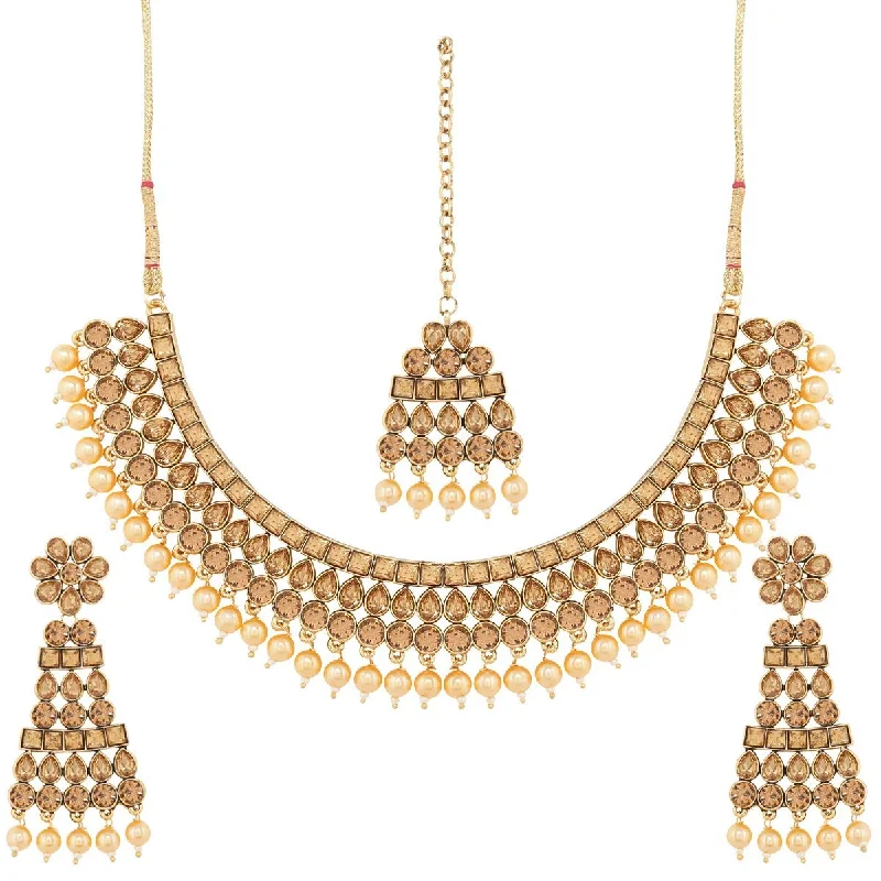 Customizable Birthstone Necklace-Etnico Traditional Gold Plated Handcrafted Stone Studded & Pearl Necklace Set with Earrings & Maang Tikka for Women (M4111FL)