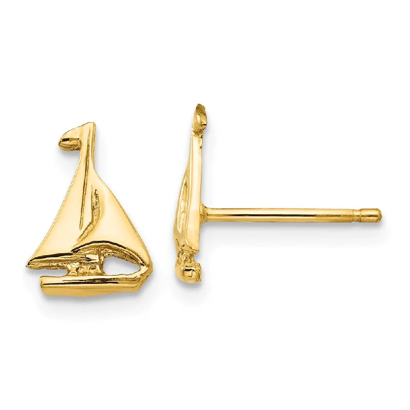 Funky Earrings for Teens-Mini Polished Sailboat Post Earrings in 14k Yellow Gold