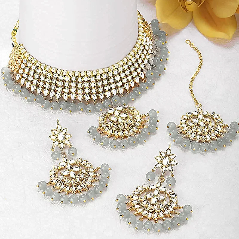 Handcrafted Bead Necklace-Etnico 18K Gold Plated Traditional Kundan & Pearl Studded Choker Necklace Jewellery Set with Earrings & Maang Tikka For Women (K7058) (Grey)