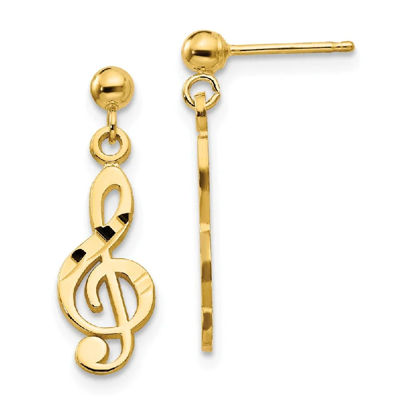 Colorful Hoop Earrings-Satin and Polished Treble Clef Dangle Post Earrings in 14k Yellow Gold