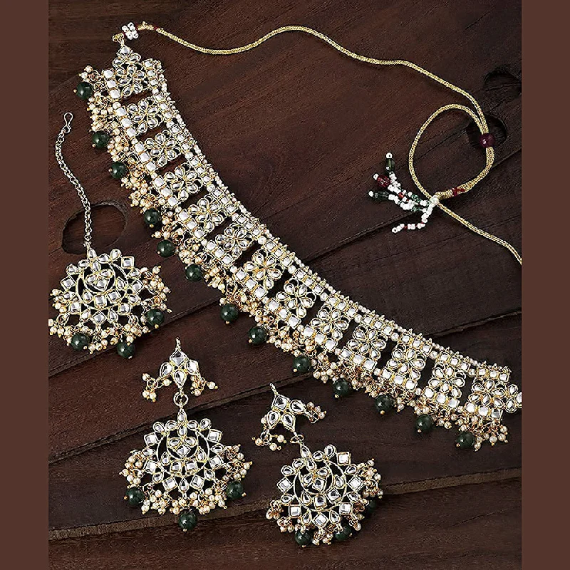 Gold Link Necklace-Etnico Gold Plated Traditional Kundan & Pearl Studded Choker Jewellery Necklace Set with Earrings & Maang Tikka For Women (K7069G)