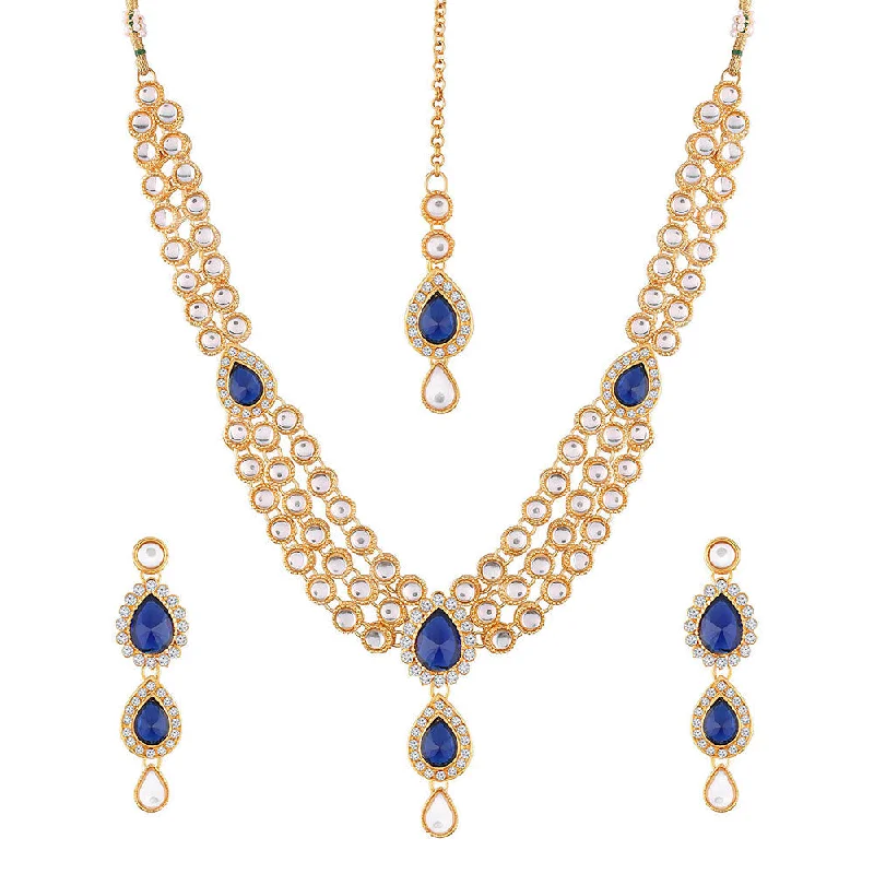 Long Gold Necklace-Etnico Traditional Gold Plated Kundan Necklace Set for Women (IJ315Bl)