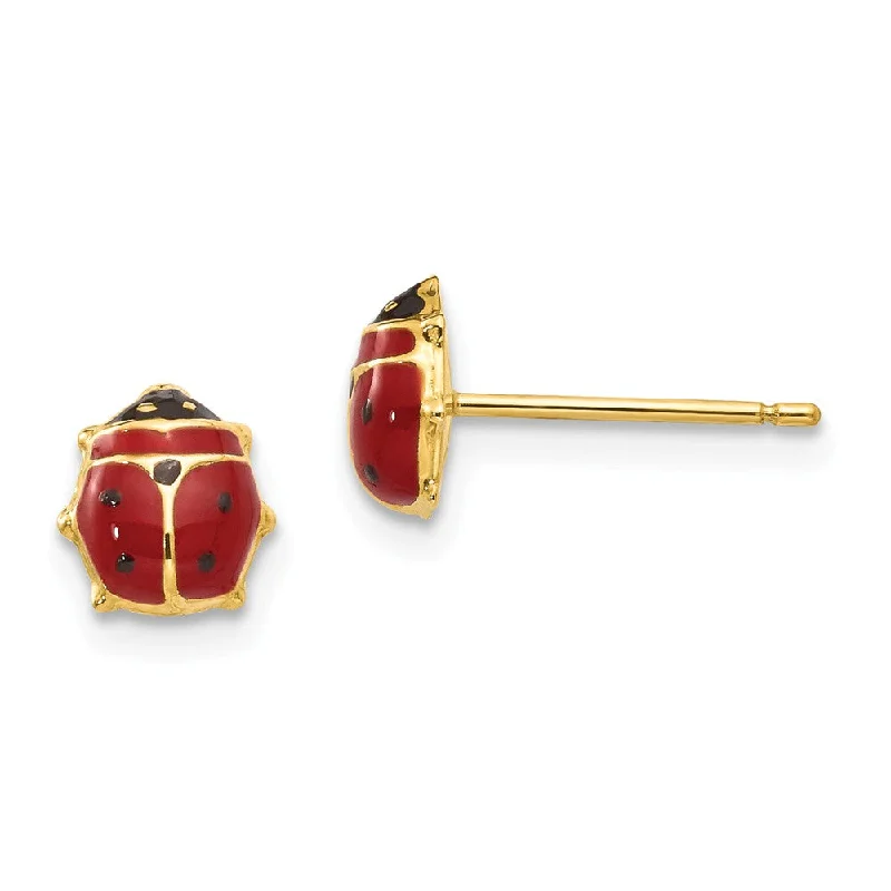 Minimalist Earrings for Everyday-Kids 6mm Red Ladybug Post Earrings in 14k Yellow Gold and Enamel