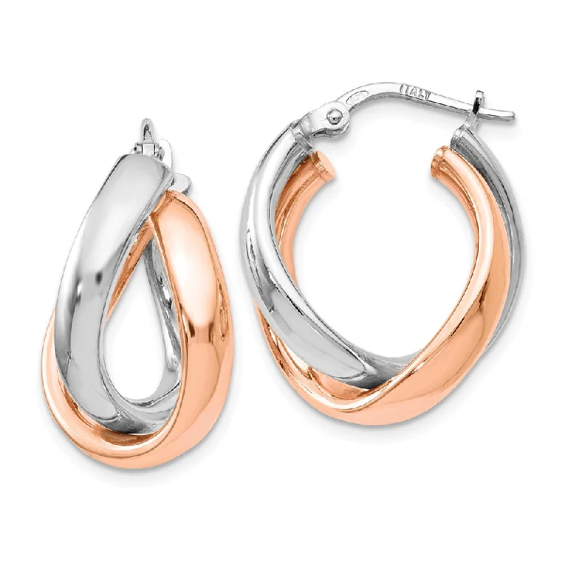 Double Hoop Earrings-Sterling Silver & Rose Gold Tone Double Freeform Hoop Earrings, 21mm