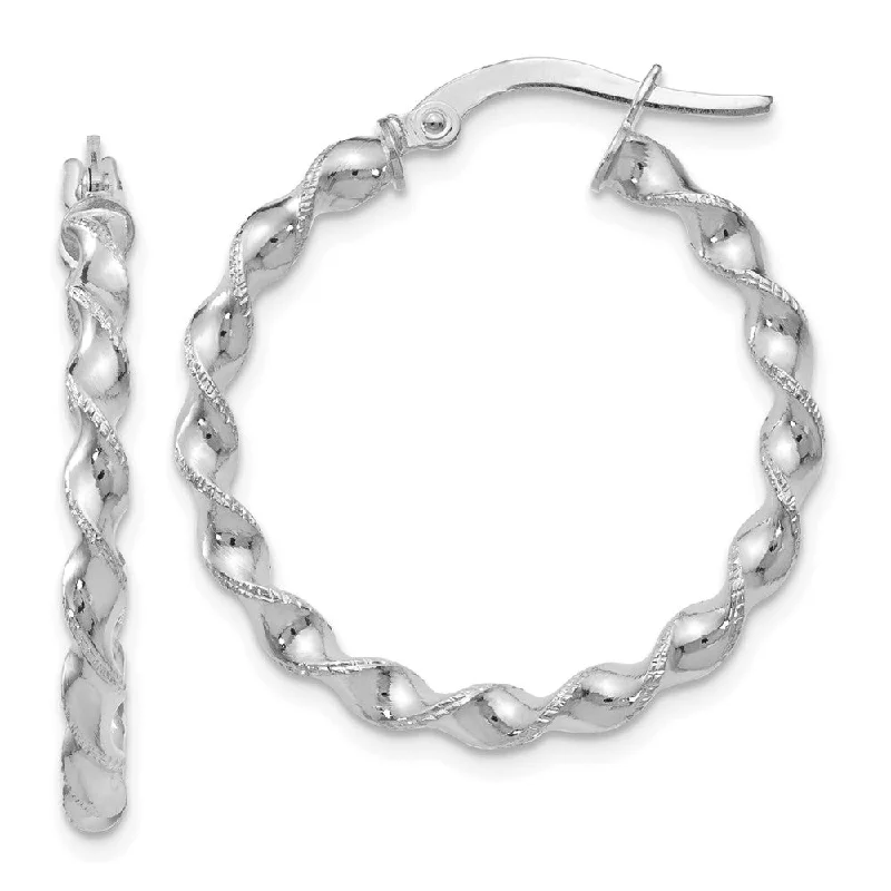 Delicate Diamond Earrings-2.5mm 14k White Gold Polished & Textured Twisted Hoops, 26mm (1 Inch)