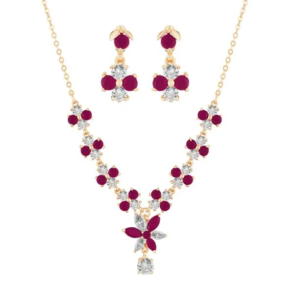 Flower Necklace for Women-Suhagan Ruby And AD Stone Gold Plated Necklace Set - FBE0027B