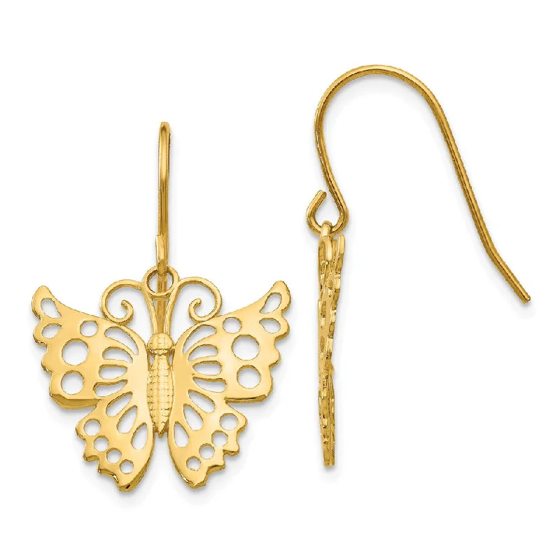 Vintage Beaded Earrings-19mm Cutout Butterfly Dangle Earrings in 14k Yellow Gold