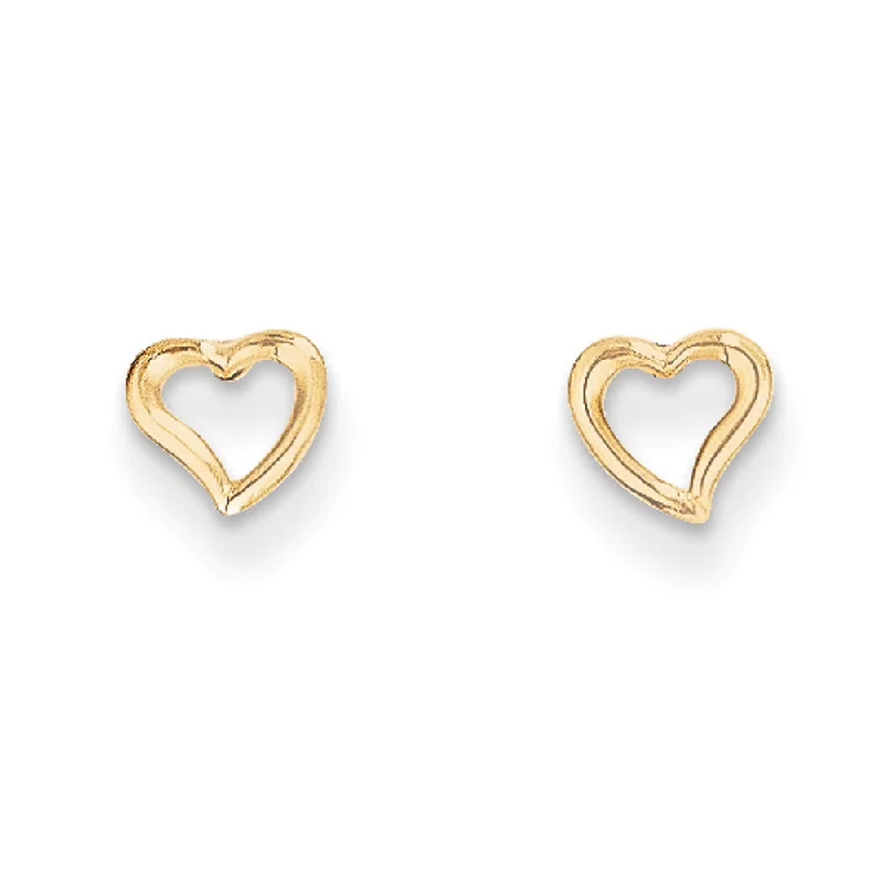 Diamond Heart Earrings-Kids 5mm Asymmetrical Open Heart Post Earrings in 14k Yellow Gold