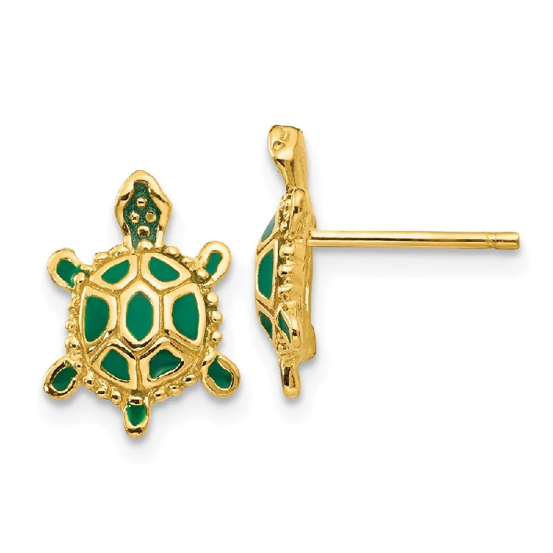 Chic Drop Earrings-Small Green Enameled Turtle Post Earrings in 14k Yellow Gold