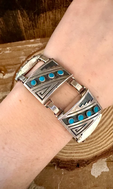 Handcrafted Charm Bracelets-TURQUOISE LABYRINTH 1940s Sterling Silver Bracelet