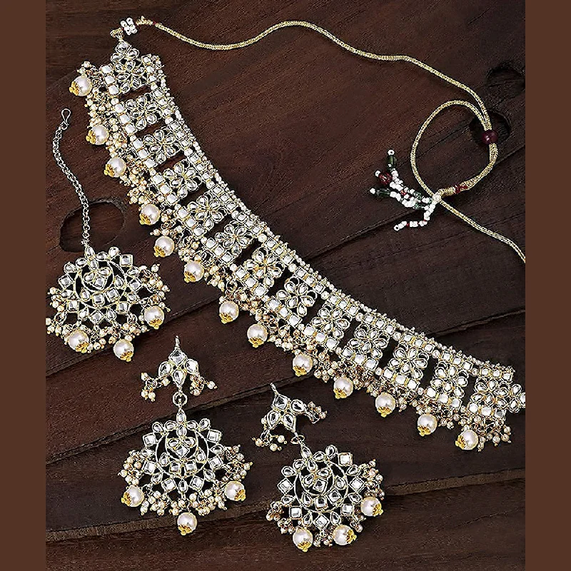 Minimalist Necklace-Etnico Gold Plated Traditional Kundan & Pearl Studded Choker Necklace Jewellery Set with Earrings & Maang Tikka For Women (K7069W)