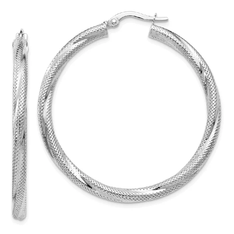 Fashionable Ear Cuffs-3mm Twisted Textured Round Hoops in 10k White Gold, 40mm (1 1/2 Inch)