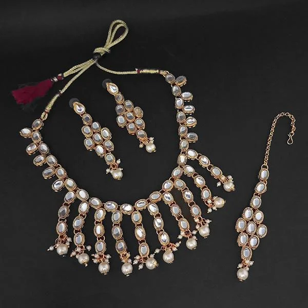 Stylish Pearl Necklace-Amina Creation White Kundan And Pearl Gold Plated Necklace Set With Maang Tikka