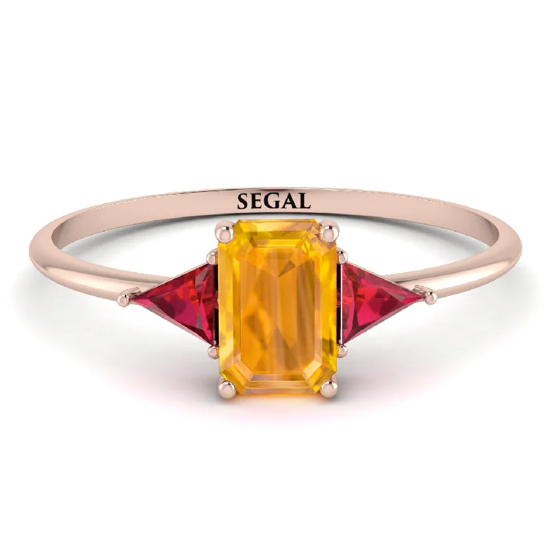 Emerald Cut Yellow Diamond With Triangles Ring - Remi No. 1011