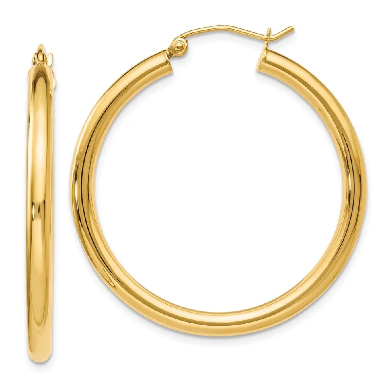 Sterling Silver Drop Earrings-3mm Round Hoop Earrings in 14k Yellow Gold, 35mm (1 3/8 Inch)