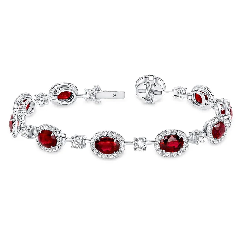 Gemstone Link Bracelets-Uneek Precious Collection Halo Oval Shaped Ruby Bracelet