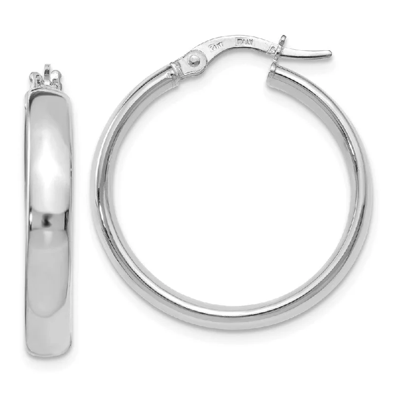 Classic Silver Hoop Earrings-3.75mm x 25mm (1 Inch) 14k White Gold Domed Round Tube Hoop Earrings