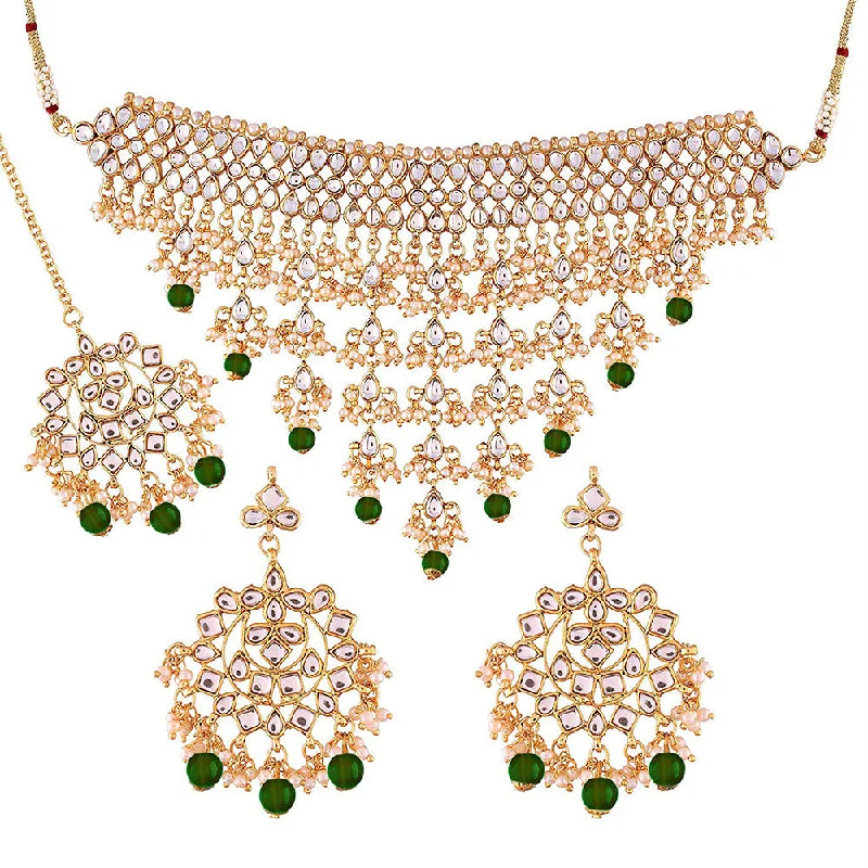 Silver Rope Necklace-Etnico 18K Gold Plated Traditional Kundan & Pearl Studded Choker Necklace Jewellery Set with Earrings & Maang Tikka For Women (K7064G)