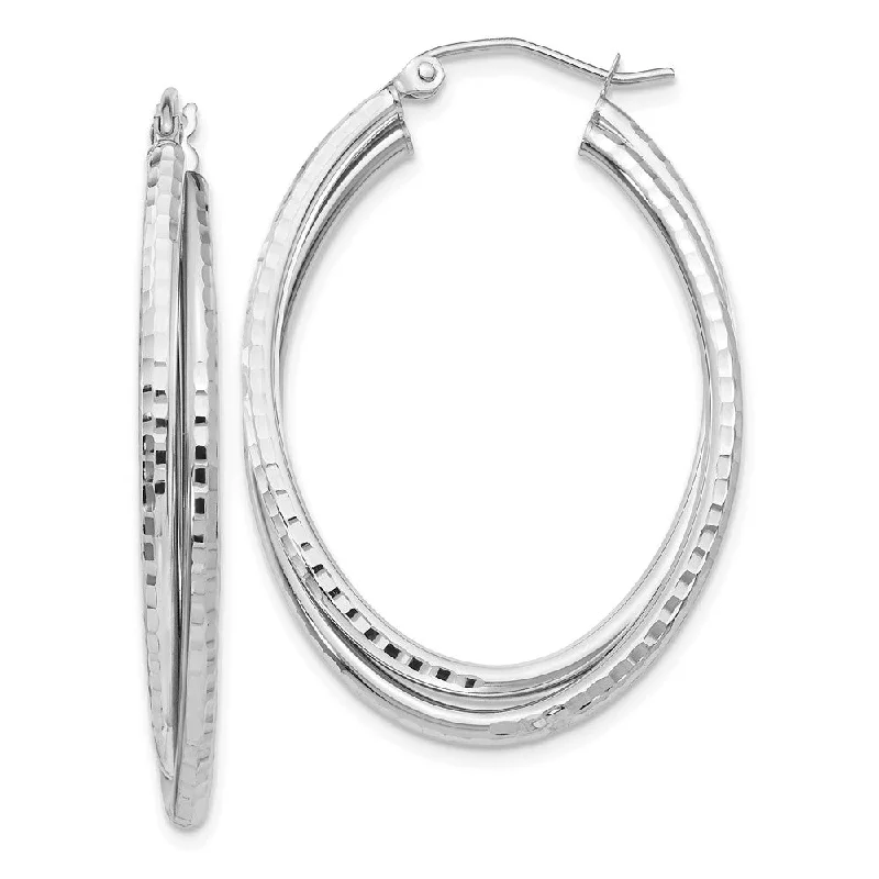 Textured Gold Earrings-Diamond Cut Double Oval Hoops in 14k White Gold, 37mm (1 3/8 Inch)