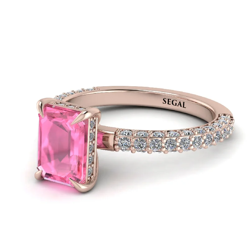 Hidden Halo Emerald Cut Pink Moissanite Engagement Ring - Ximena No. 802