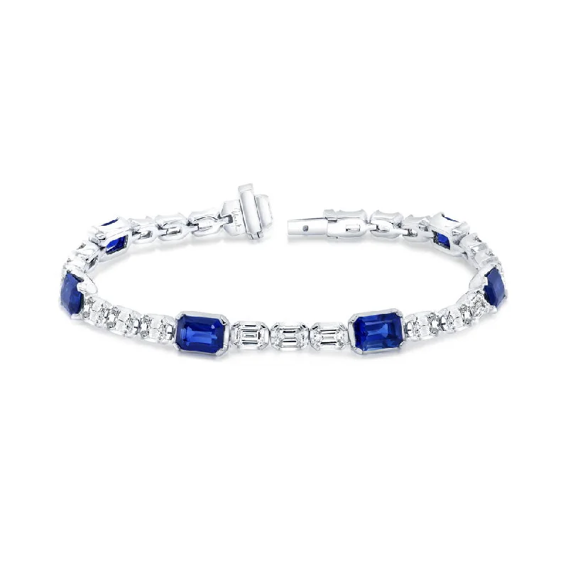 Classic Gold Bracelets-Uneek Precious Collection Strand Emerald Cut Blue Sapphire Link Bracelet