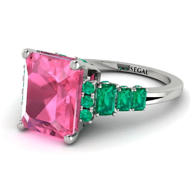 Emerald Cut Pink Moissanite Ring Hidden Round Diamonds - Sawyer No. 806