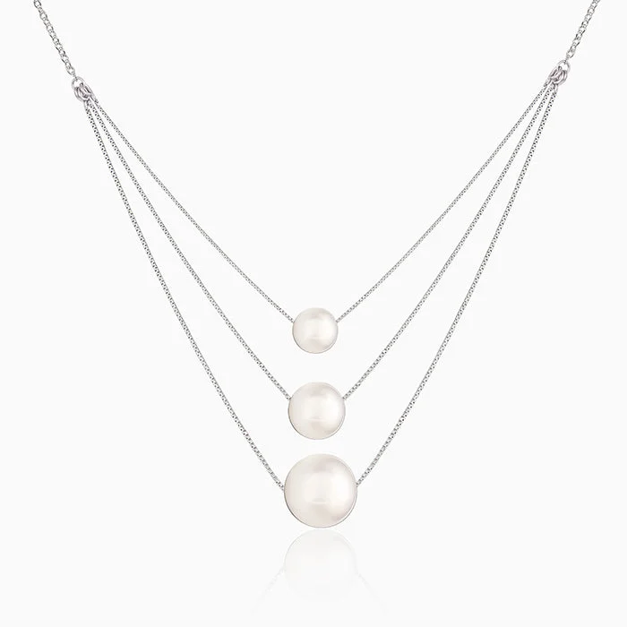 Chunky Silver Necklace-Silver Triple Layer Pearl Necklace With Link Chain