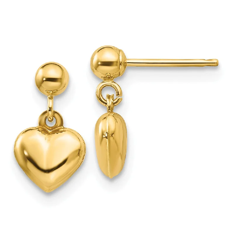 Bold Fashion Earrings-Kids Puffed Heart Dangle Post Earrings in 14k Yellow Gold