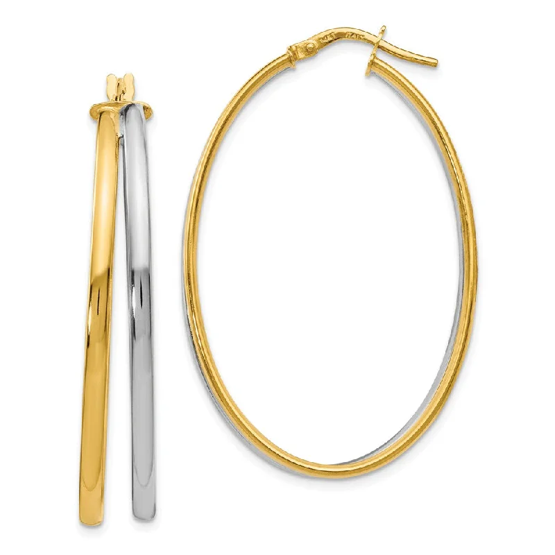 Long Gold Earrings-43mm (1 5/8 Inch) 14k Yellow Gold & White Rhodium Double Oval Hoops