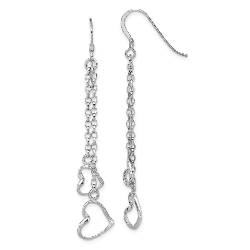 Heart Shaped Earrings-Double Open Heart Chain Dangle Earrings in Sterling Silver