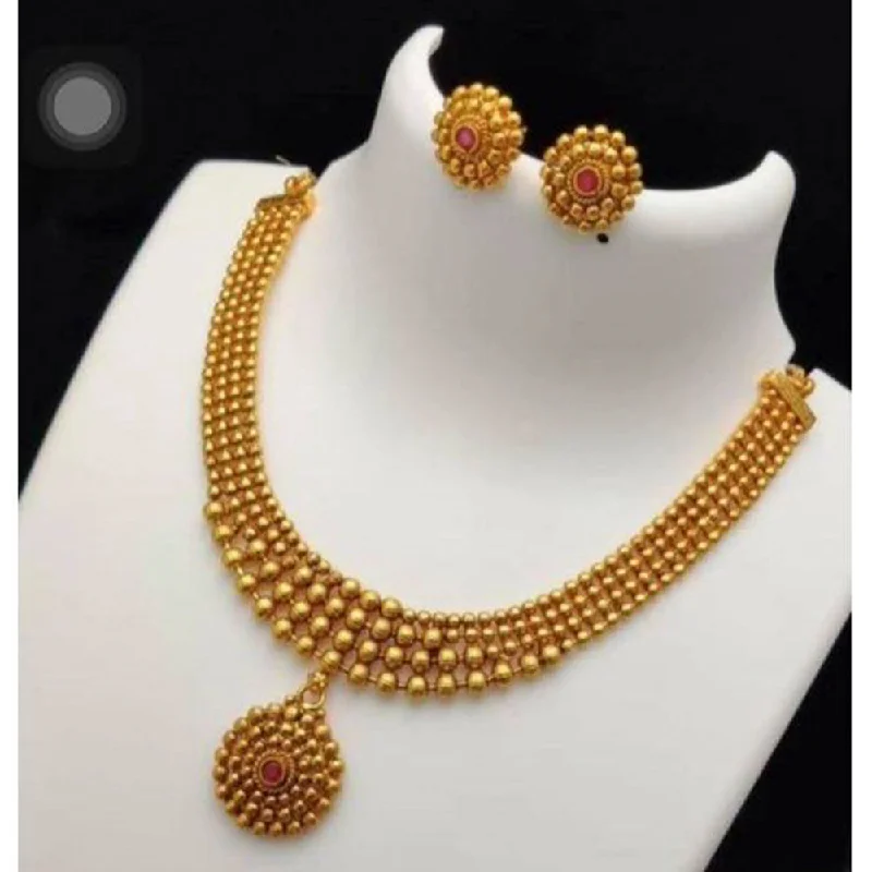 Simple Gold Necklace-Sai Fashion Gold Plated Pink Pota Stone Necklace Set