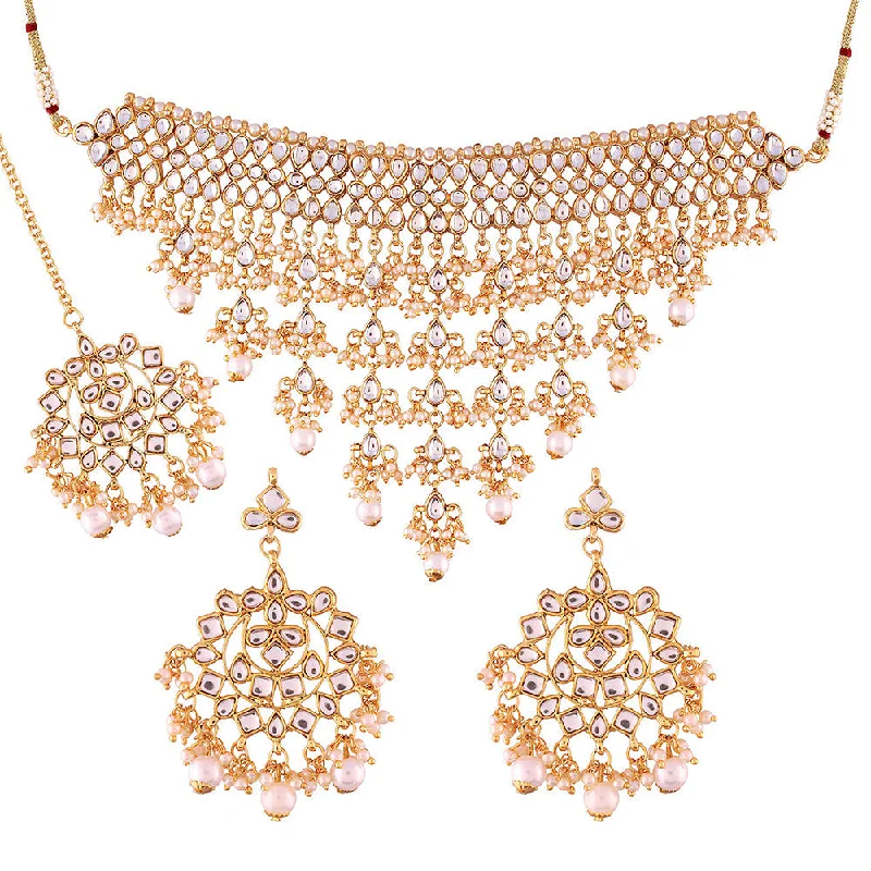 Celebrity Style Necklace-Etnico 18K Gold Plated Traditional Kundan & Pearl Studded Choker Necklace Jewellery Set with Earrings & Maang Tikka For Women (K7064W)