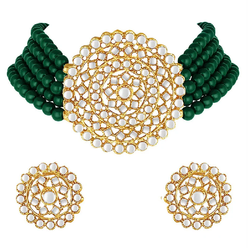 Large Statement Necklace-Etnico 18K Gold Plated Traditional Emerald Beaded Choker Set Glided with Kundan Work for Women/Girls (K239G)