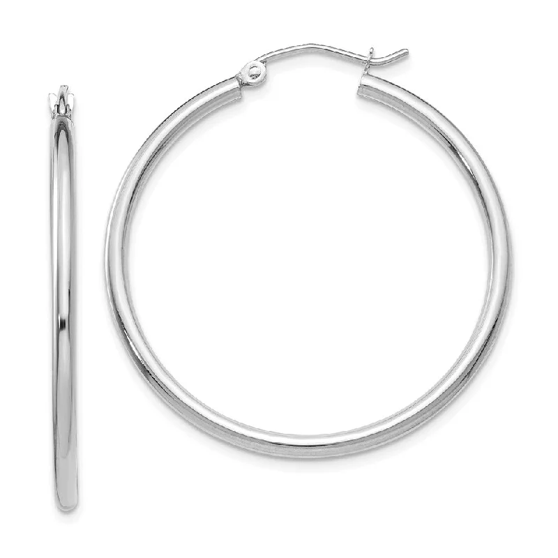 Chic Hoop Earrings-2mm, 14k White Gold Classic Round Hoop Earrings, 35mm (1 3/8 Inch)