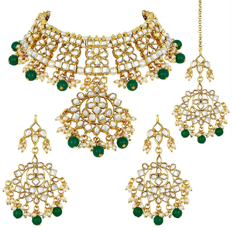 Double Chain Necklace-Etnico 18K Gold Plated Traditional Handcrafted Kundan & Pearl Studded Choker Necklace Jewellery Set With Earrings & Maang Tikka For Women (K7057G)