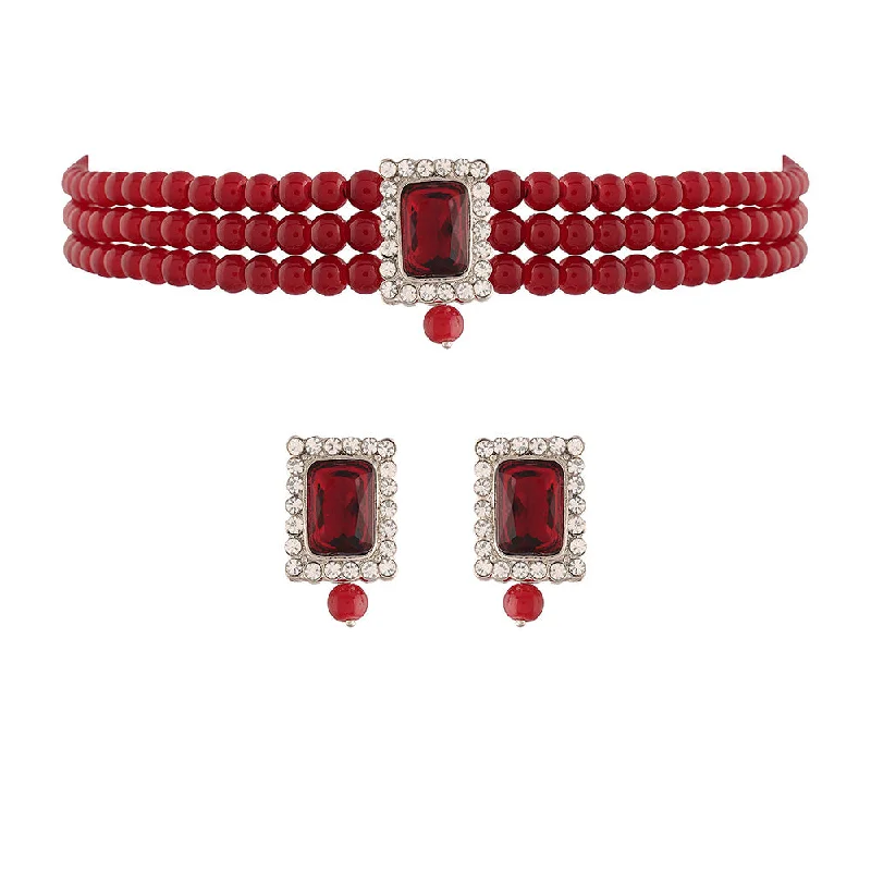 Gold Choker Necklace for Women-Etnico 18K Rhodium Plated Stone Studded Pearl Choker Necklace Jewellery Set With Earrings For Women (ML237Z) (Silver + Maroon)