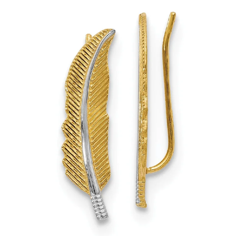 Multicolor Earrings-6 x 22mm 14k Yellow Gold with Rhodium Feather Ear Climber Earrings