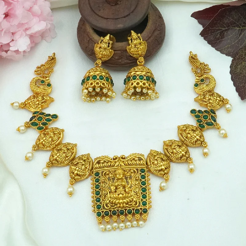 Oval Gemstone Necklace-Diksha Collection Gold Plated Pota Stone Choker Necklace Set - N 667 GREEN