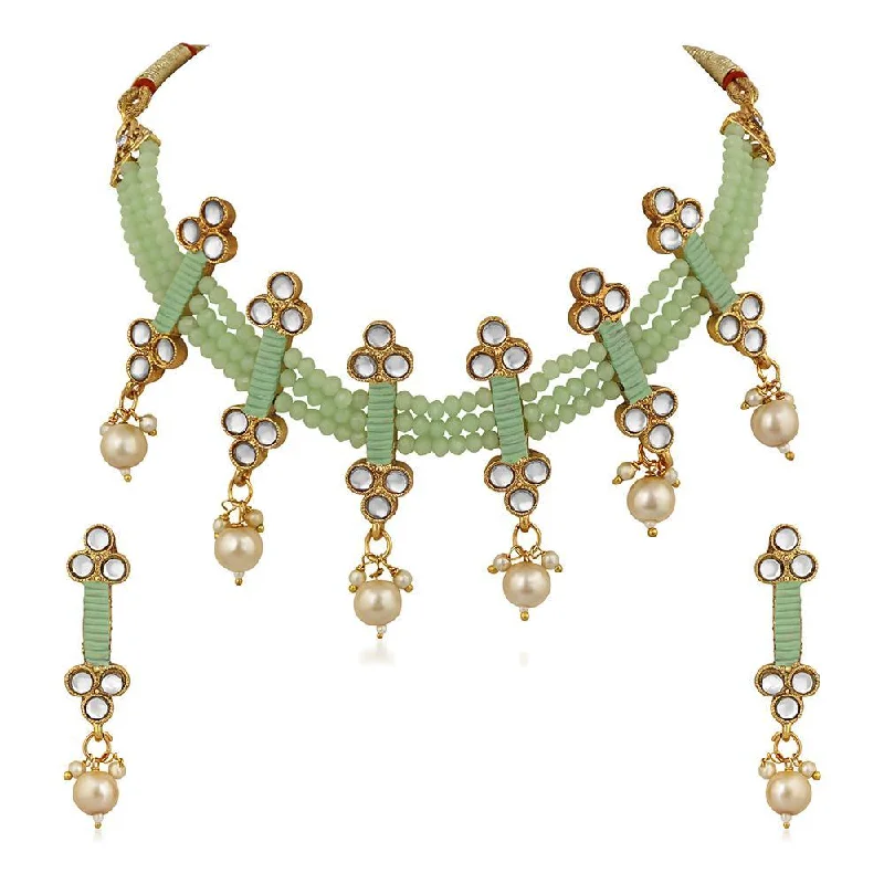 Modern Silver Necklace-Mahi Traditional Floral Kundan & Green Beads Layered Choker Necklace Jewellery Set for Women (VNCJ100261GRN)