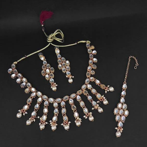 Gold Bar Necklace-Amina Creation Gold Plated White Kundan And Pearl Necklace Set With Maang Tikka - 1107978A