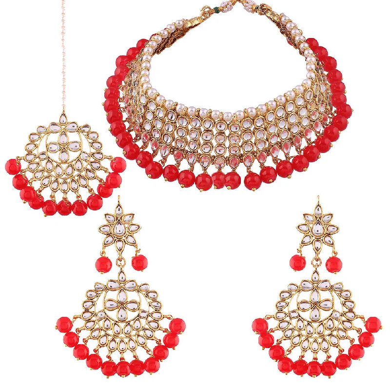 Simple Gold Necklace-Etnico 18K Gold Plated Traditional Handcrafted Kundan & Pearl Studded Choker Necklace Jewellery Set with Earrings & Maang Tikka (K7075R)