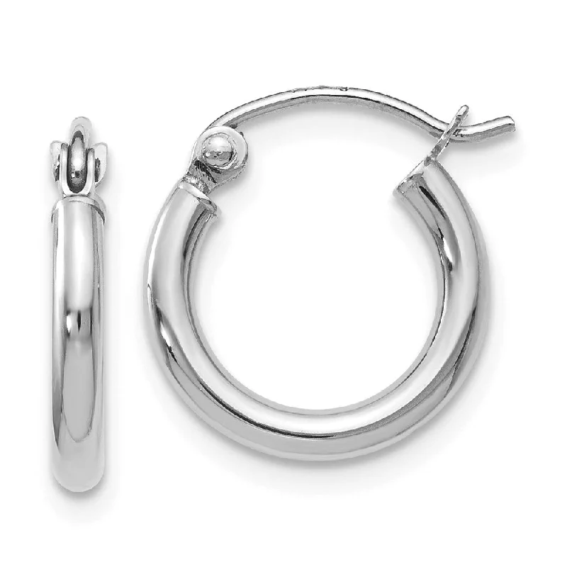 Simple Pearl Earrings-2mm Round Hoop Earrings in 10k White Gold, 13mm (1/2 Inch)